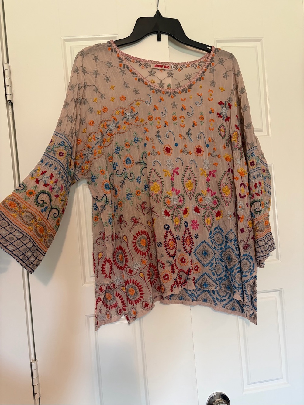 Johnny Was Taupe Multicolor Embroidered Boho Tunic